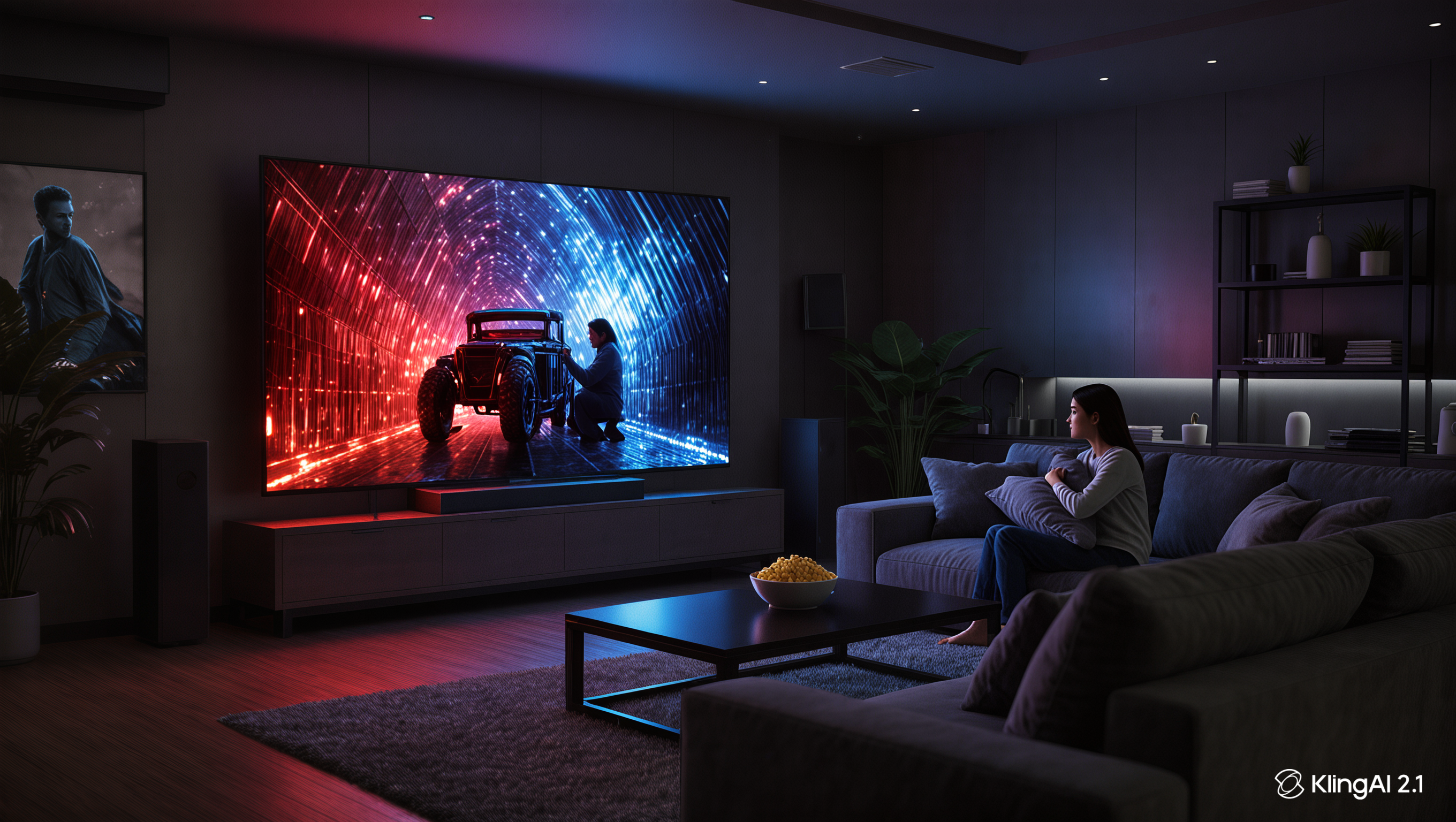 Cinematic scene of a cozy modern living room at night, glowing with red and blue lights from a smart TV, capturing the immersive Netflix-like streaming experience